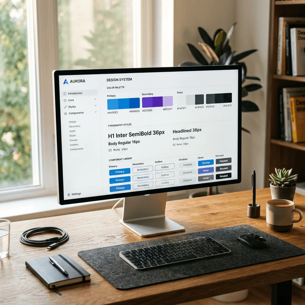 Monitor displaying a UI design system mockup with color swatches and buttons