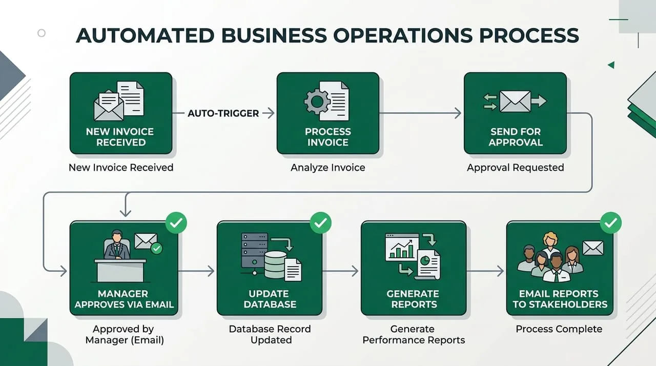 Flowchart infographic of an automated invoice-to-report business process