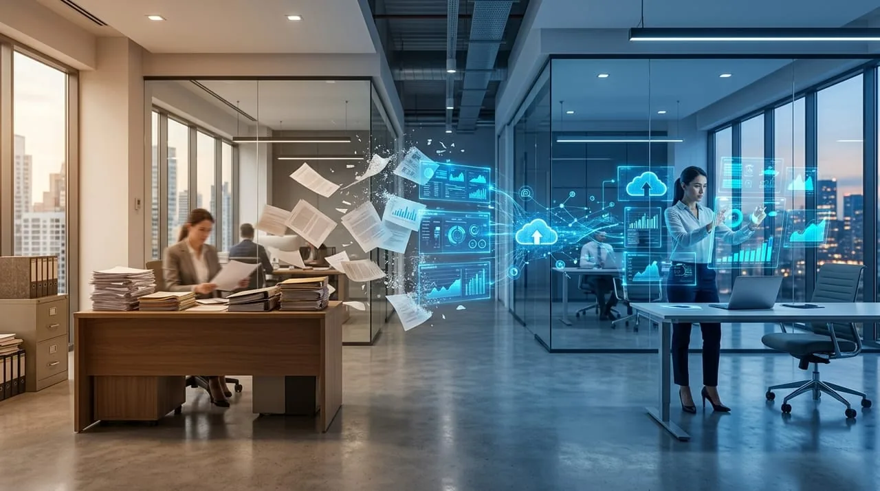 Split image: cluttered paper desk beside a woman using holographic digital dashboards
