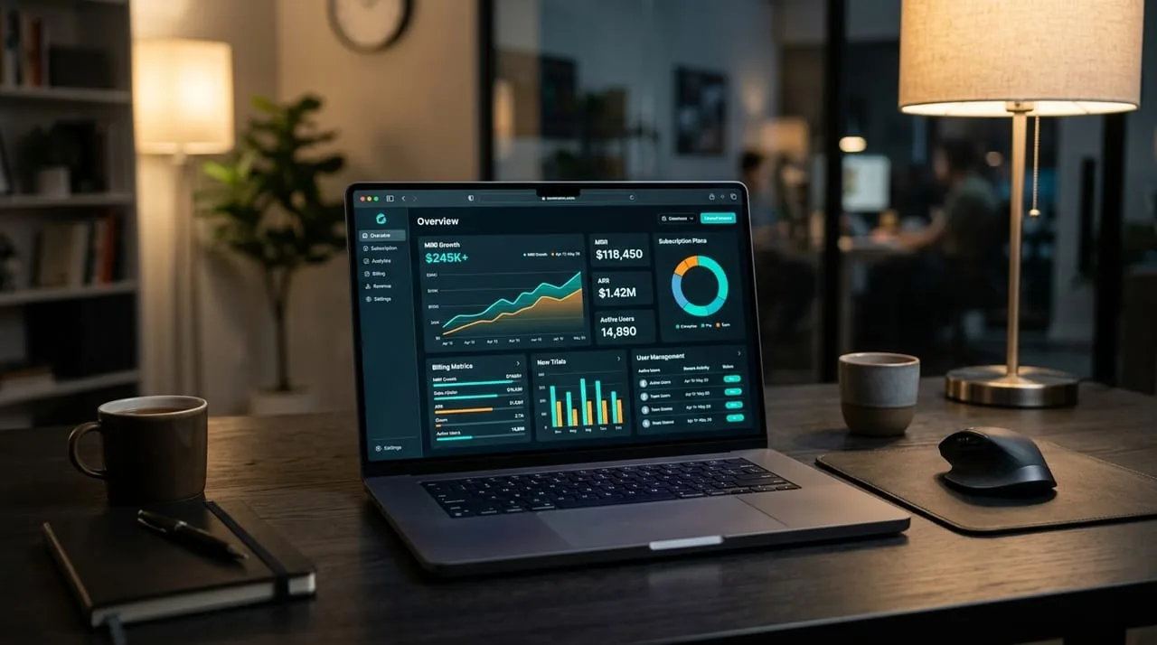 Laptop on a desk showing a SaaS revenue and subscriber analytics dashboard