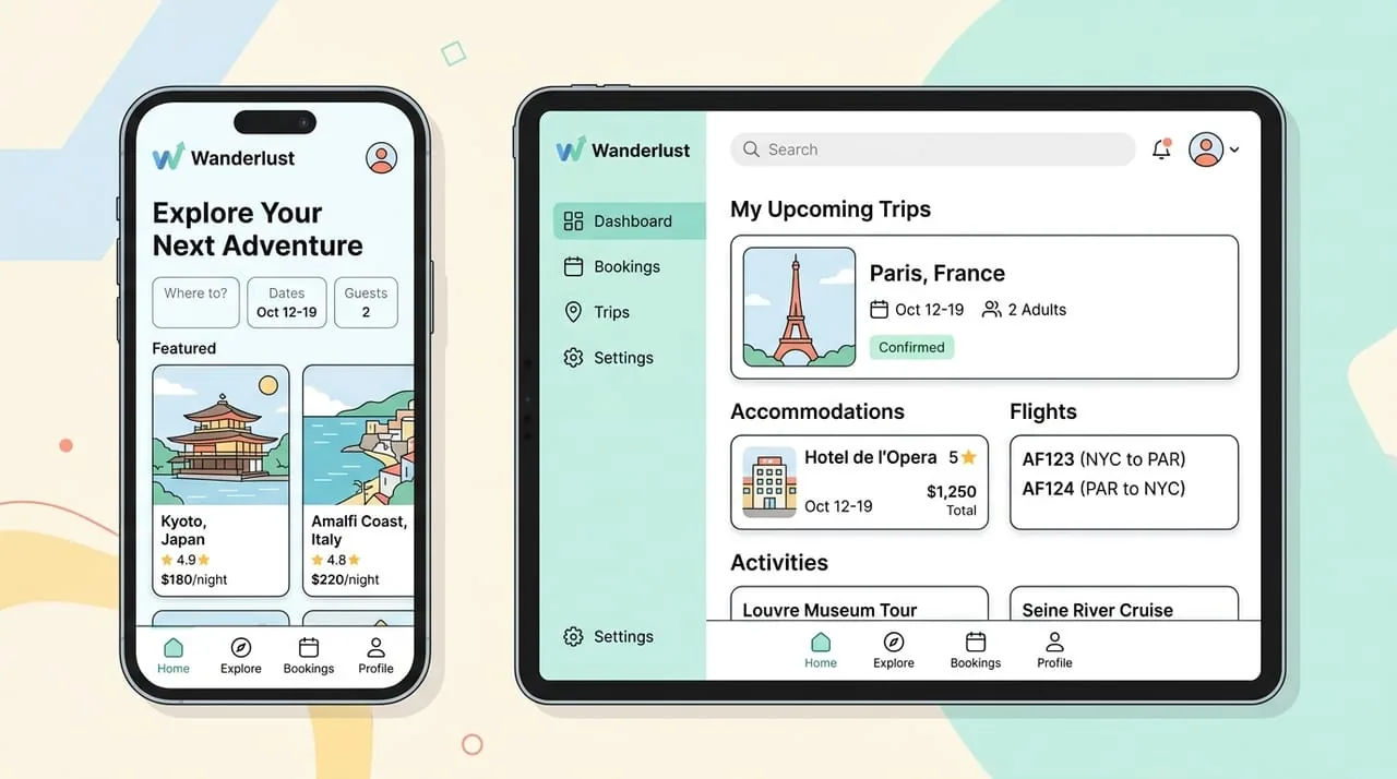 Smartphone and tablet mockups showing a travel booking app interface