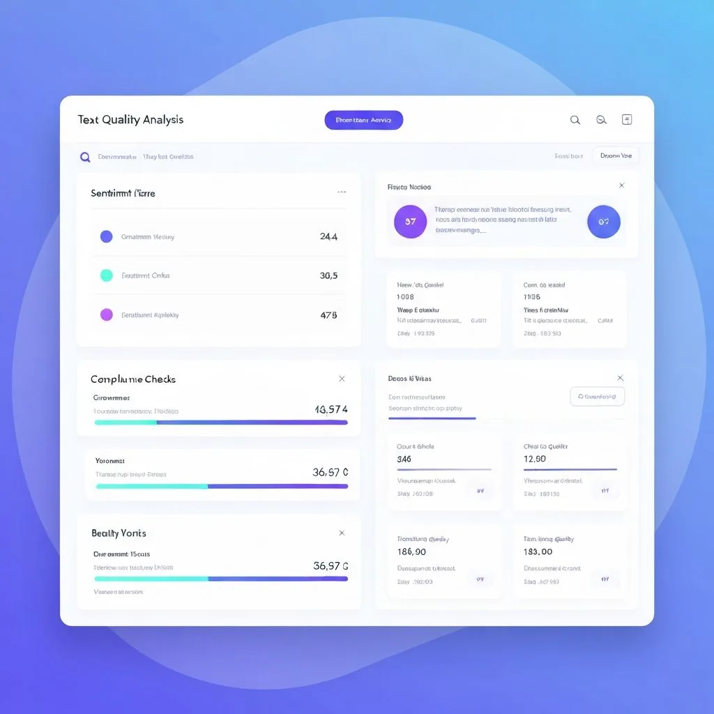 Dashboard mockup titled Text Quality Analysis with score panels and progress bars
