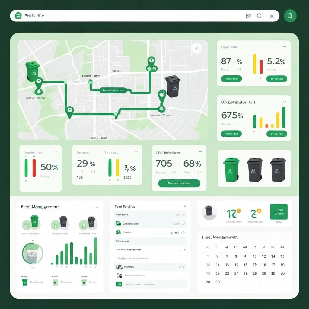 Green waste-management dashboard mockup with route map, bin icons, and stat cards