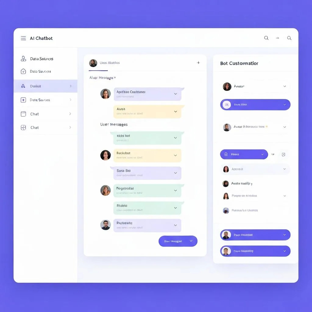 Purple-background mockup of a chatbot dashboard with chat and customization panels